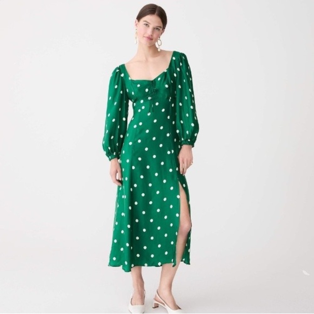 J.Crew Polka Dot Midi Dress Womens 14 Green Excellent Puff Sleeve BK976